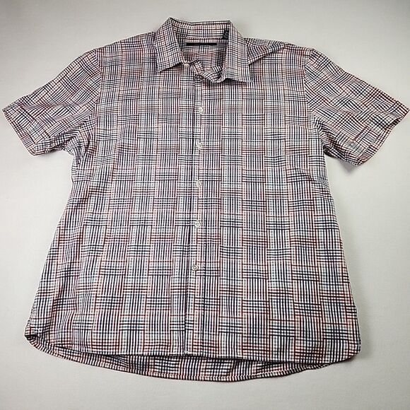 Perry Ellis Mens XL Short Sleeved Cotton Button Up Plaid Red White Blue Casual - Picture 1 of 9